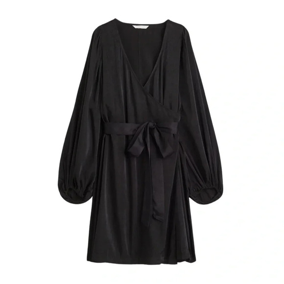 H&M Dresses & Skirts - H&M Satin Ballon Sleeve Wrap-Front Dress | Black | Size S | Witchy, Whimsy Goth